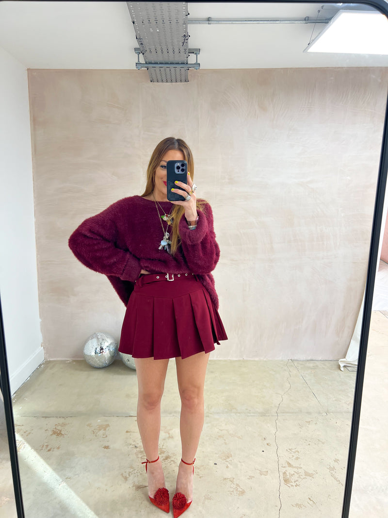 Pleated Mini Skirt/Shorts In Burgundy