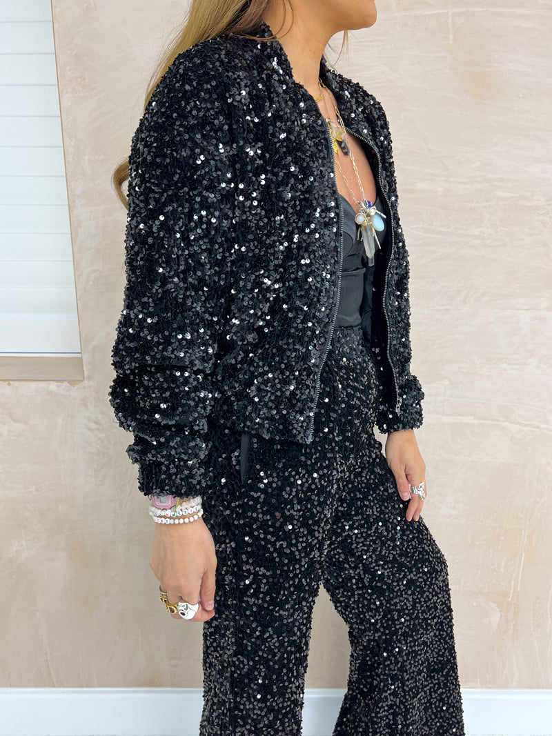 Sequin Cropped Bomber Jacket In Black