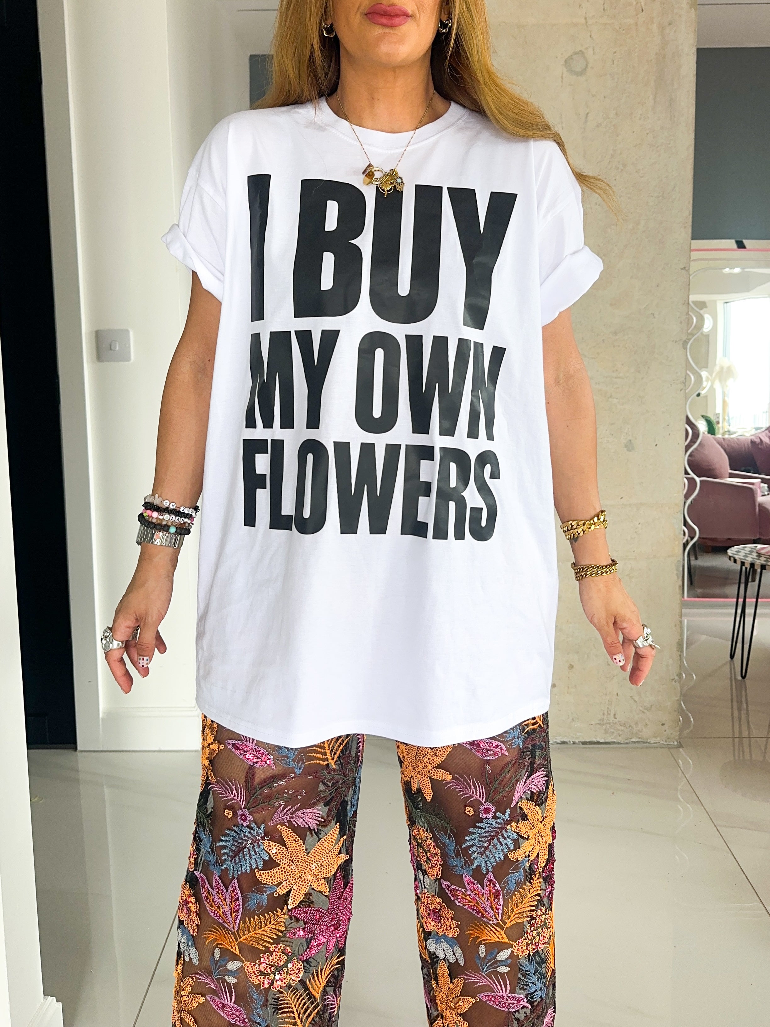 'Flowers' Slogan T-Shirt In White