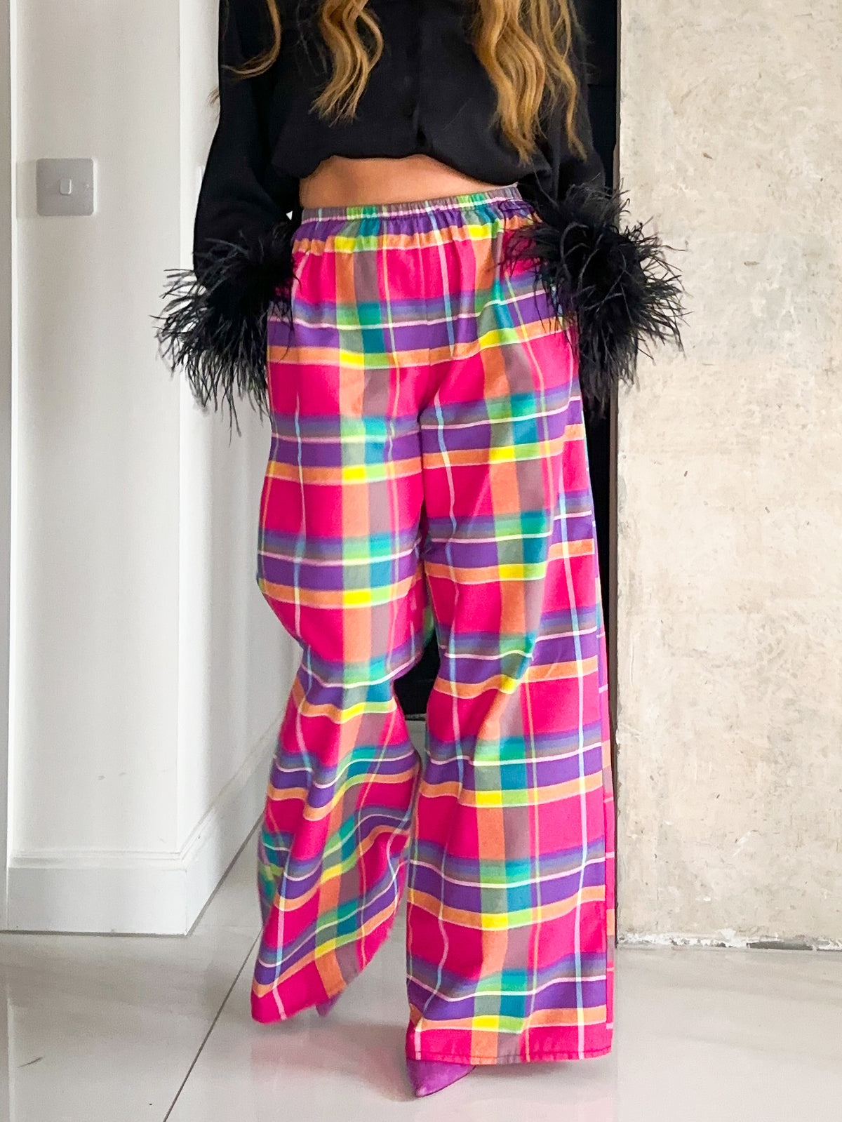 Madras Check Wide Leg Trousers In Pink