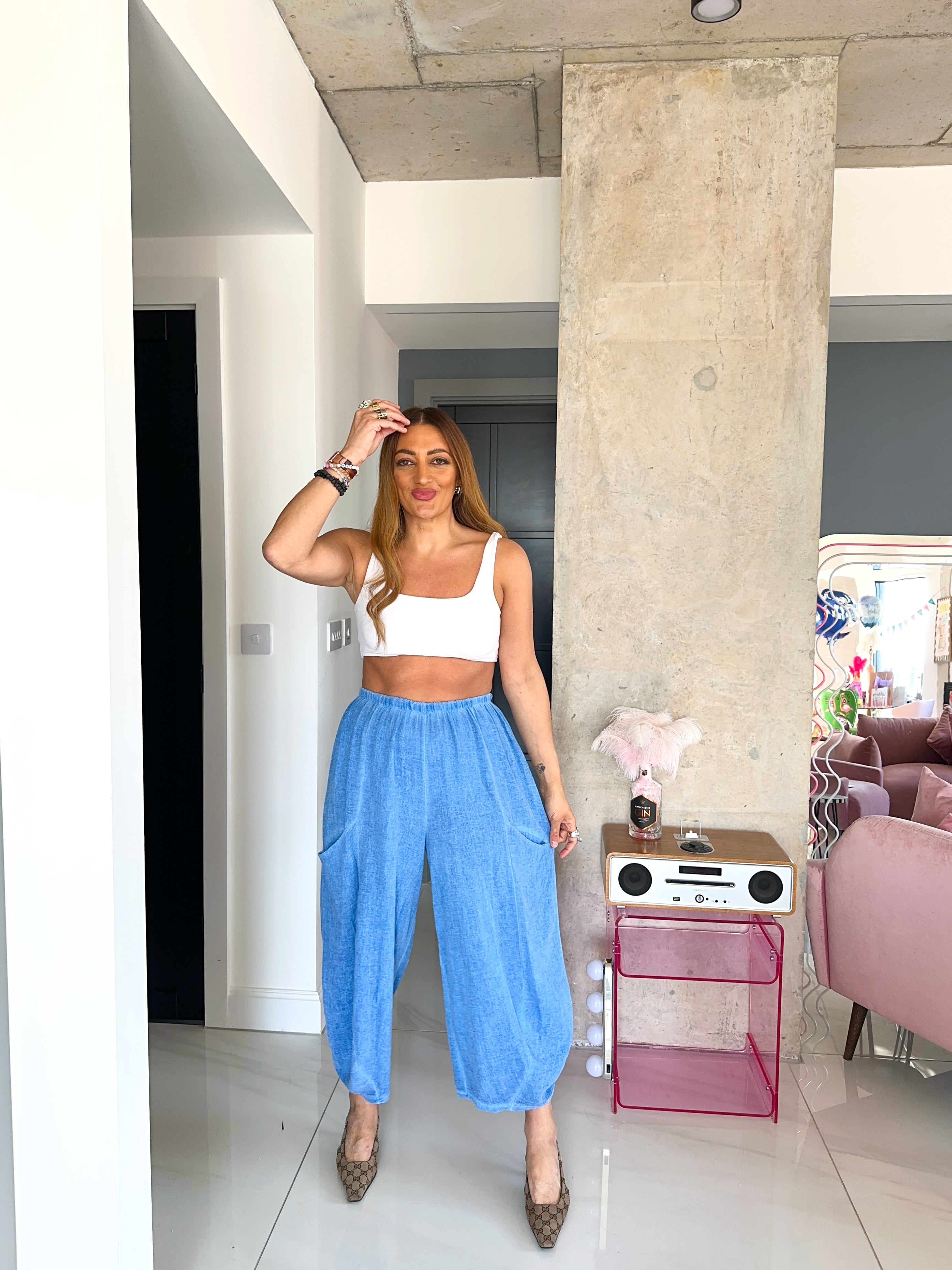 Linen Balloon Trousers In Sky Blue