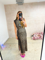 Shoulder Pad Midi Dress In Leopard Print