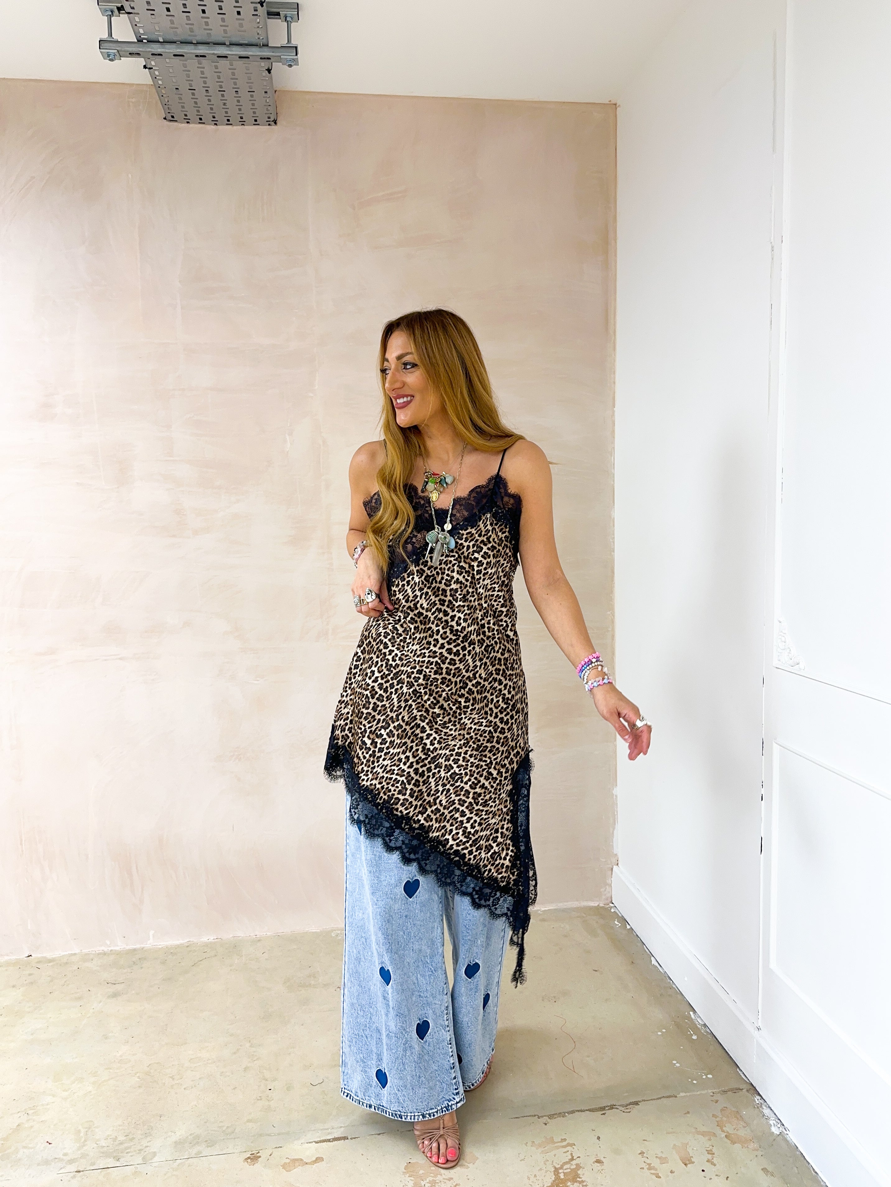 Lace Detail Satin Cami Dress In Leopard