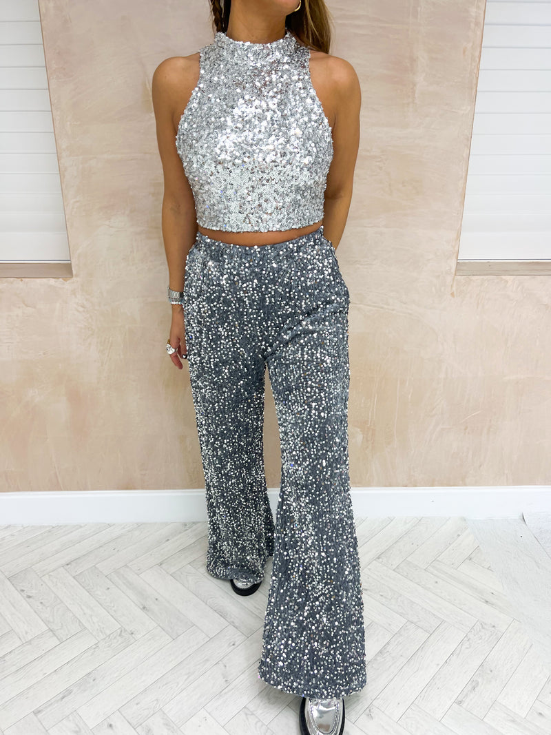 High Neck Open Back Sequin Top In Silver