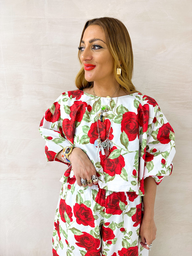 Juliet Puff Sleeve Top In Red Floral