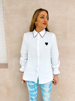 Long Sleeve Scallop Collar Black Heart Shirt In White