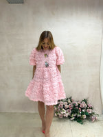 Rose Applique Puff Sleeve Dress In Pink