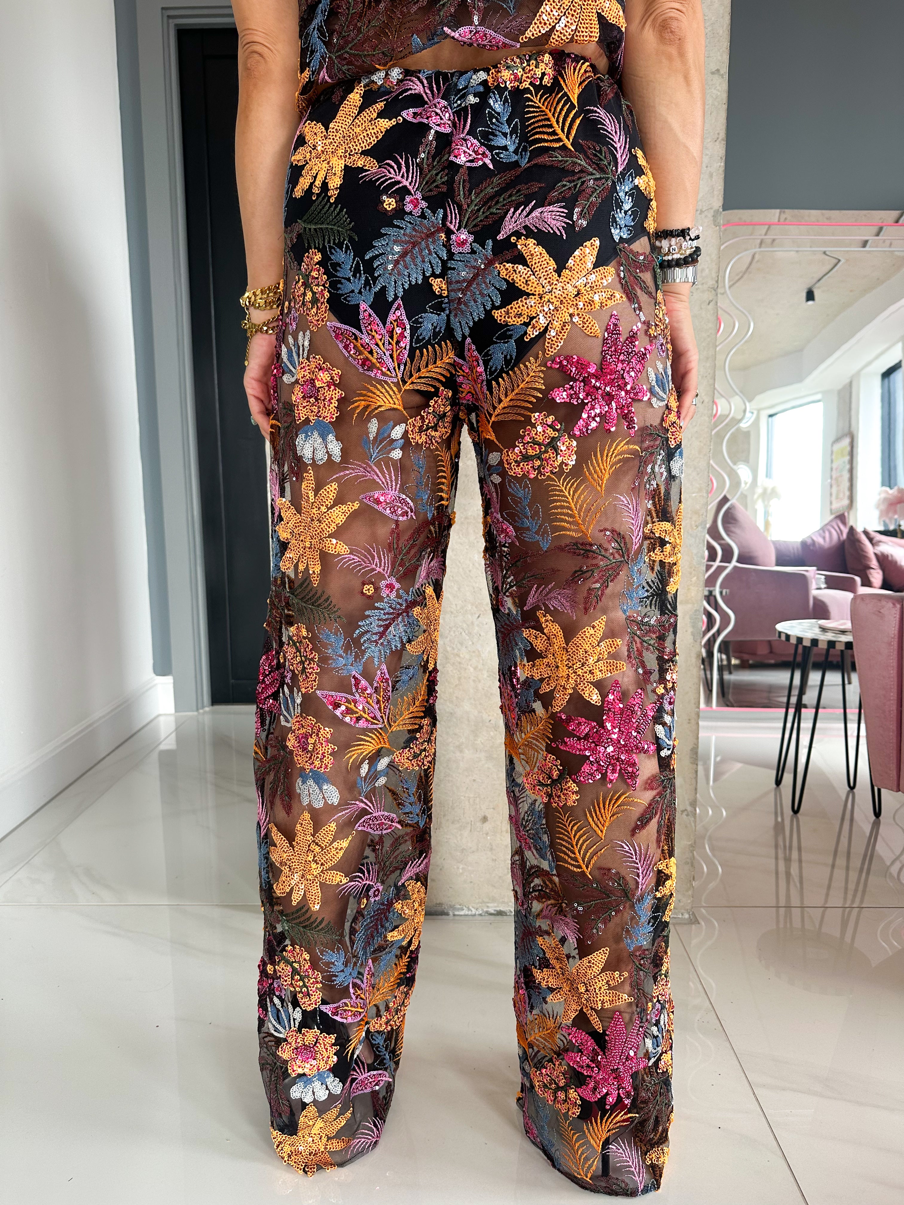 The Flora Sequin Trousers In Black