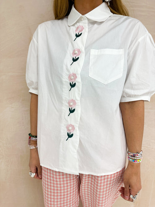 Puff Sleeve Floral Embroidered Shirt In White
