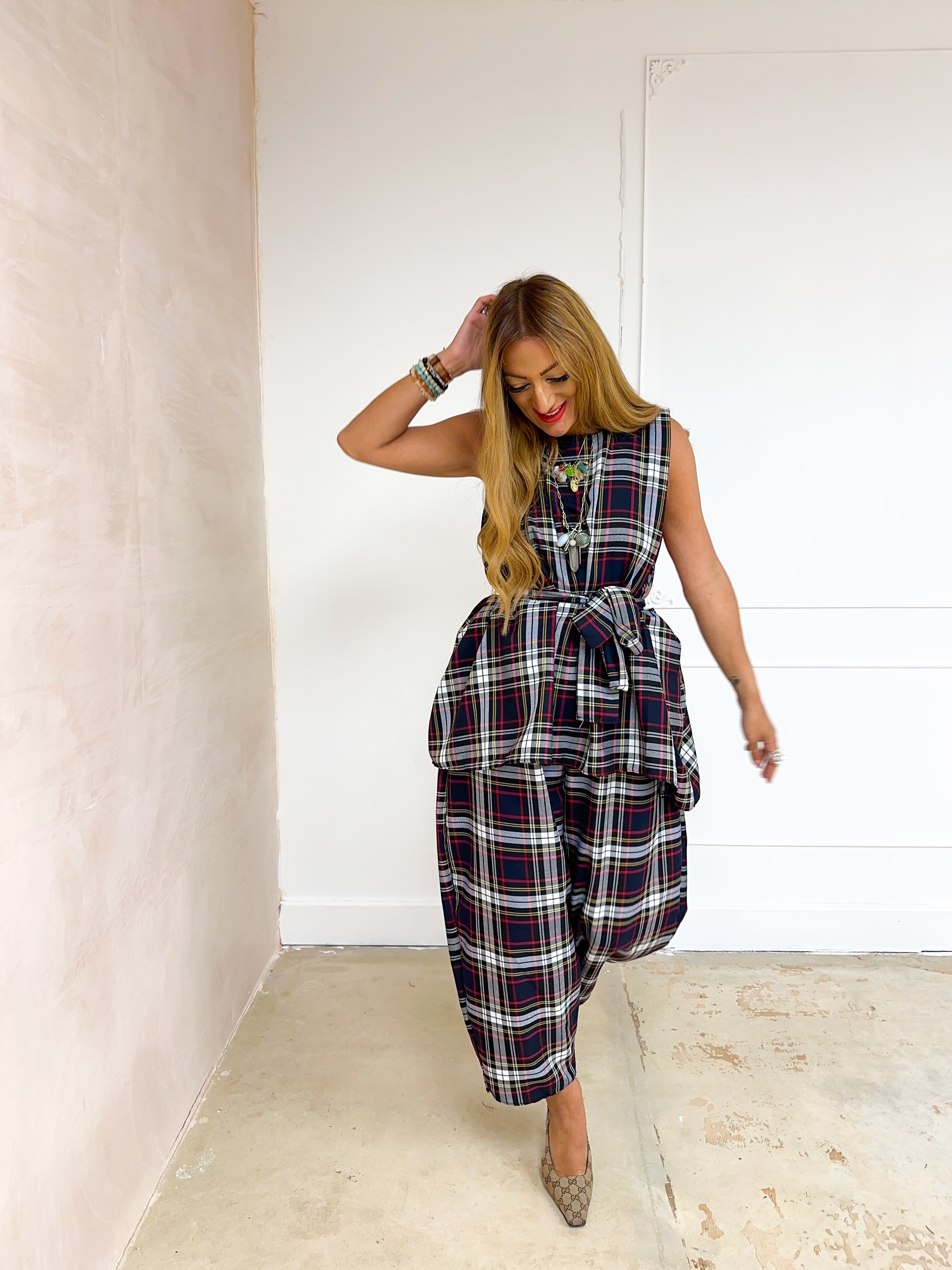 Muse Balloon Trousers In Navy Tartan