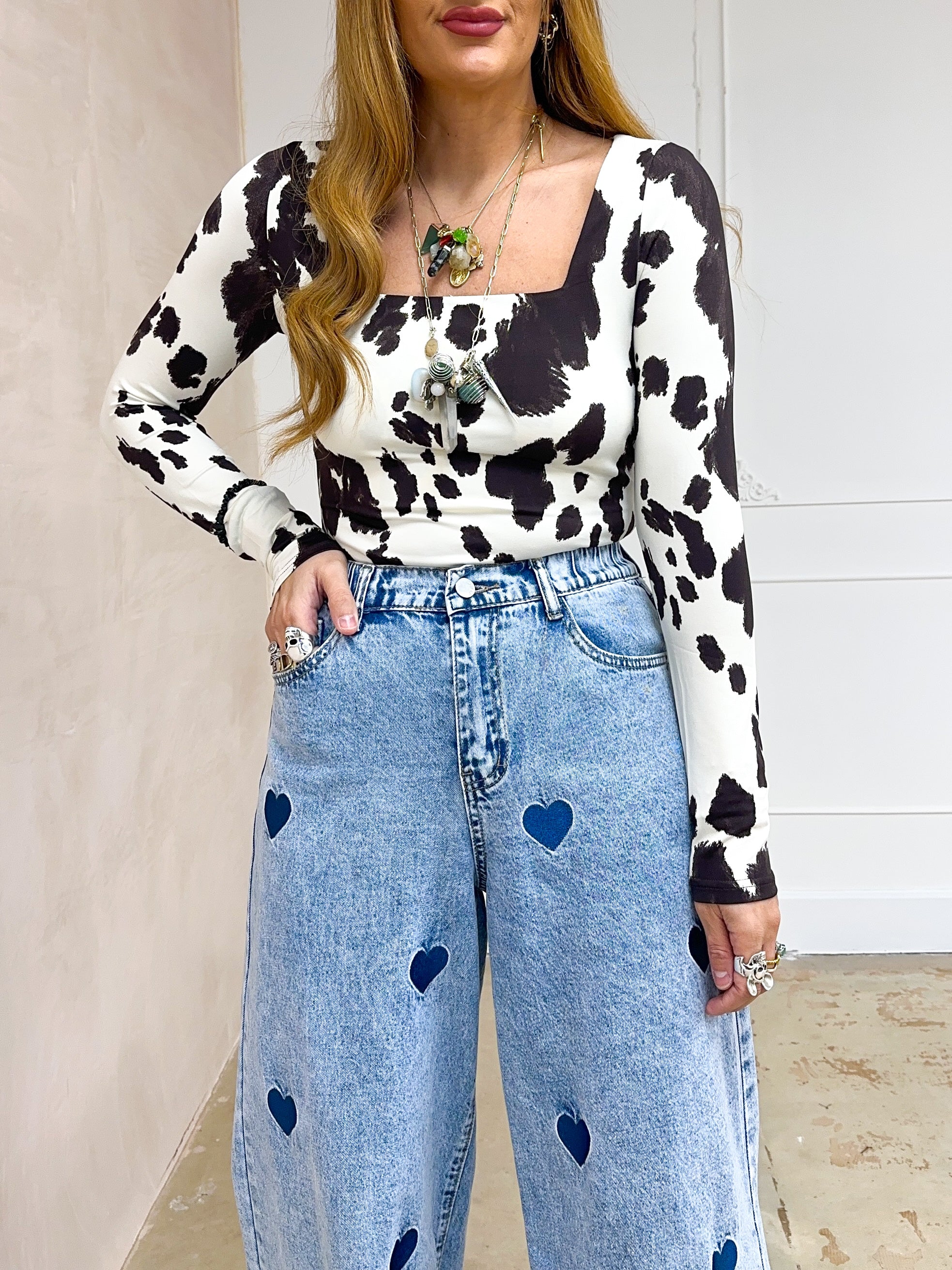Square Front Long Sleeve Top In Cow Print
