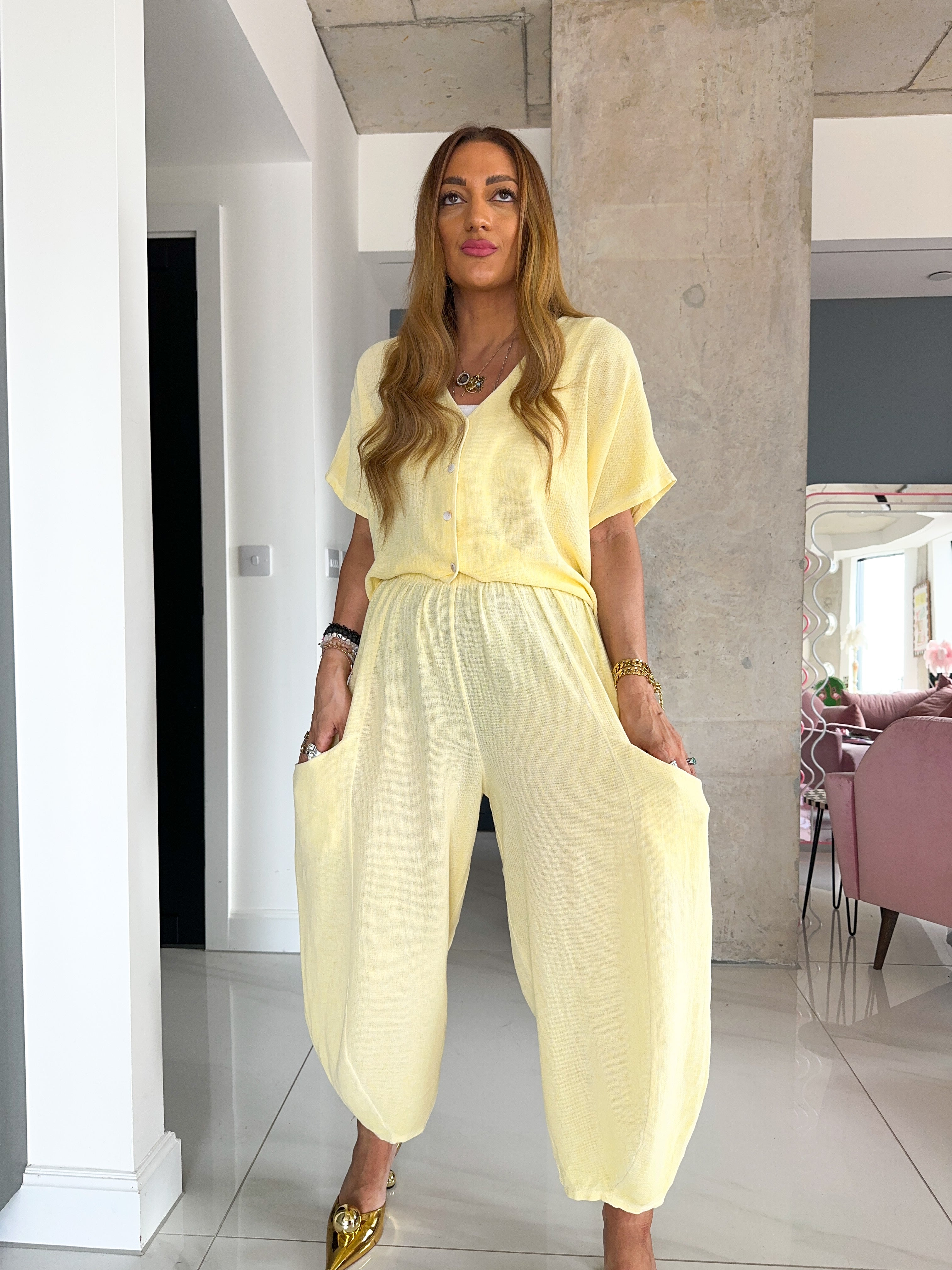 Linen Balloon Style Trousers In Candy Yellow