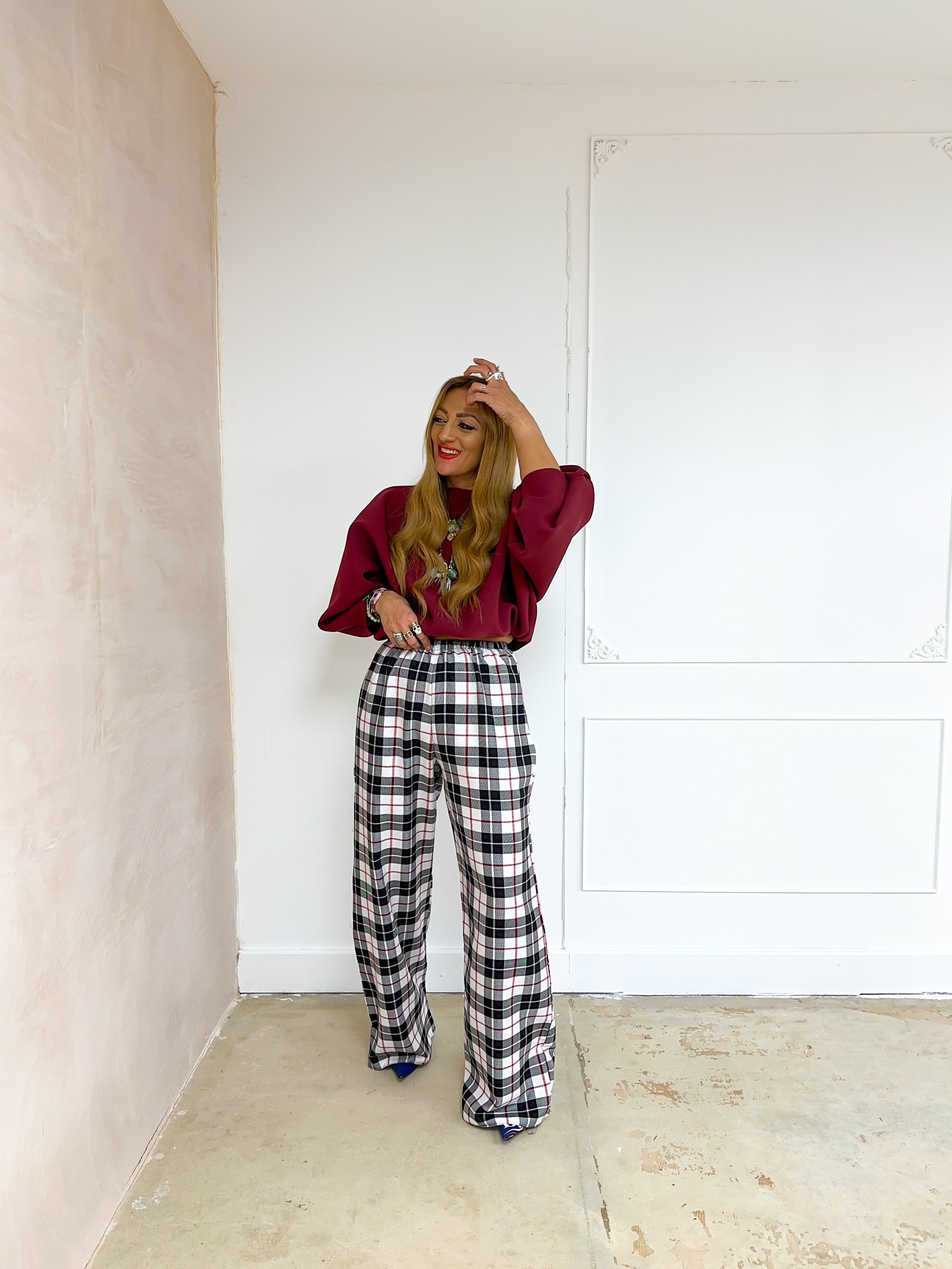 Muse Wide Leg Trousers In White Tartan
