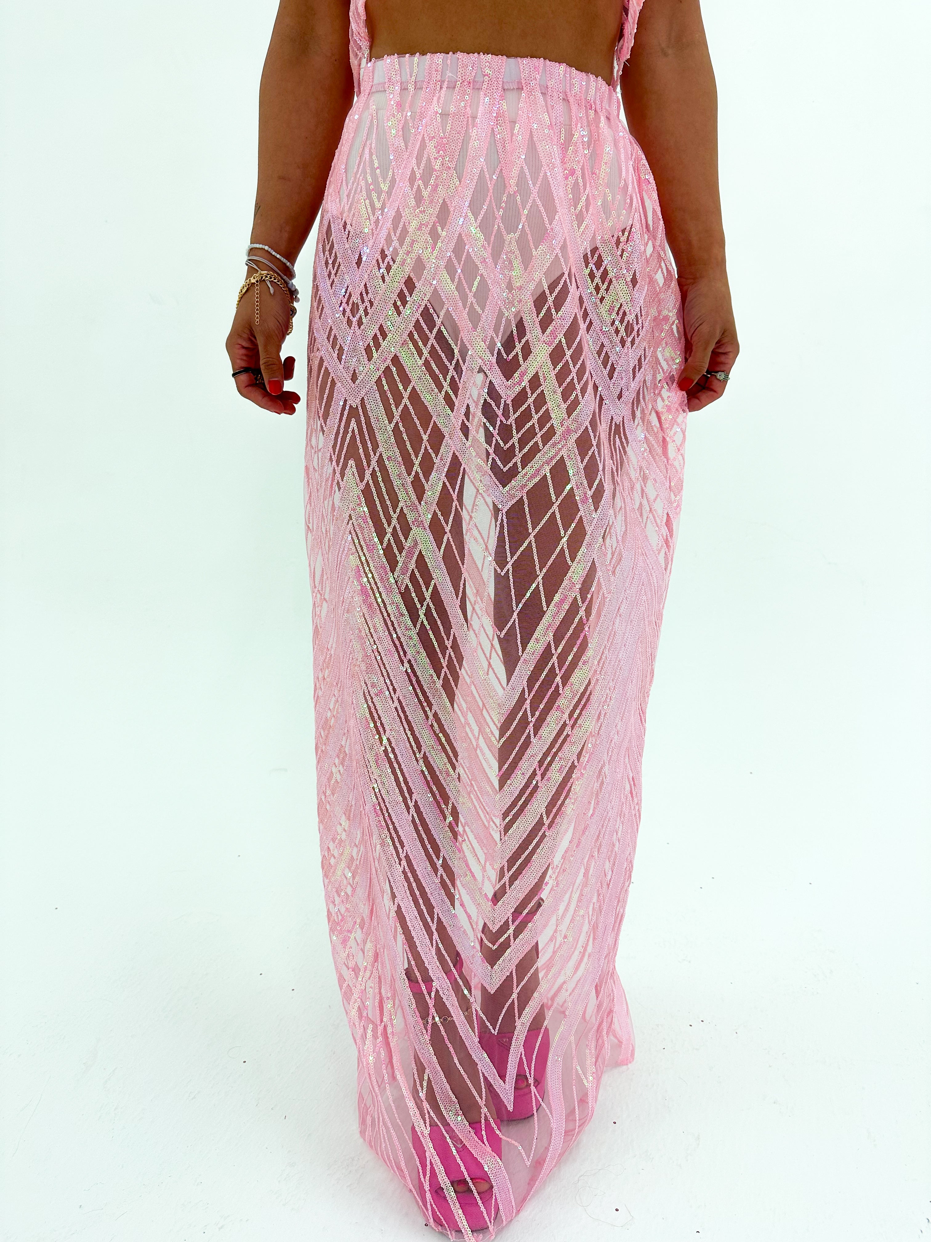 Solaris Supernova Sequin Midi Skirt In Baby Pink