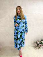 Abstract Floral Print Midi Dress In Blue