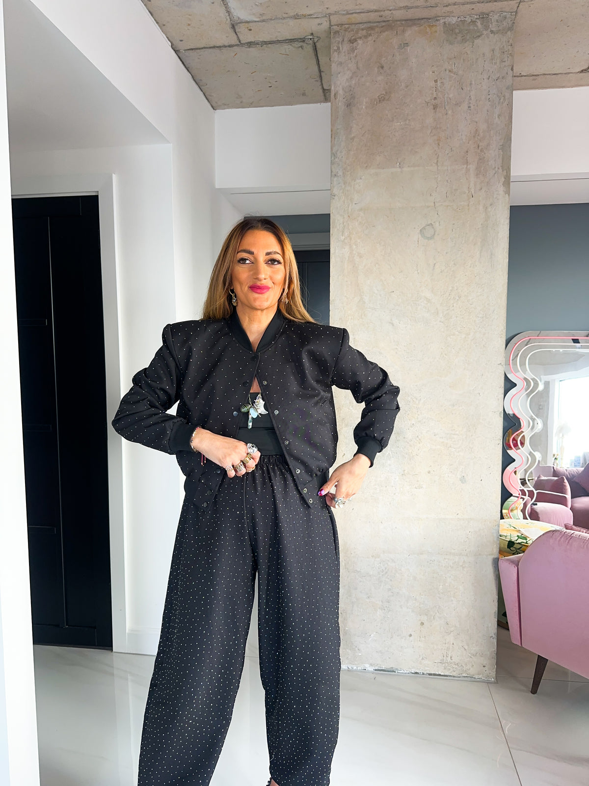 Core 0.2 Scattered Rhinestone Bomber Jacket In Black