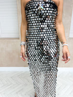The Mermaid Scattered Sequin Midi Dress In Silver/Black