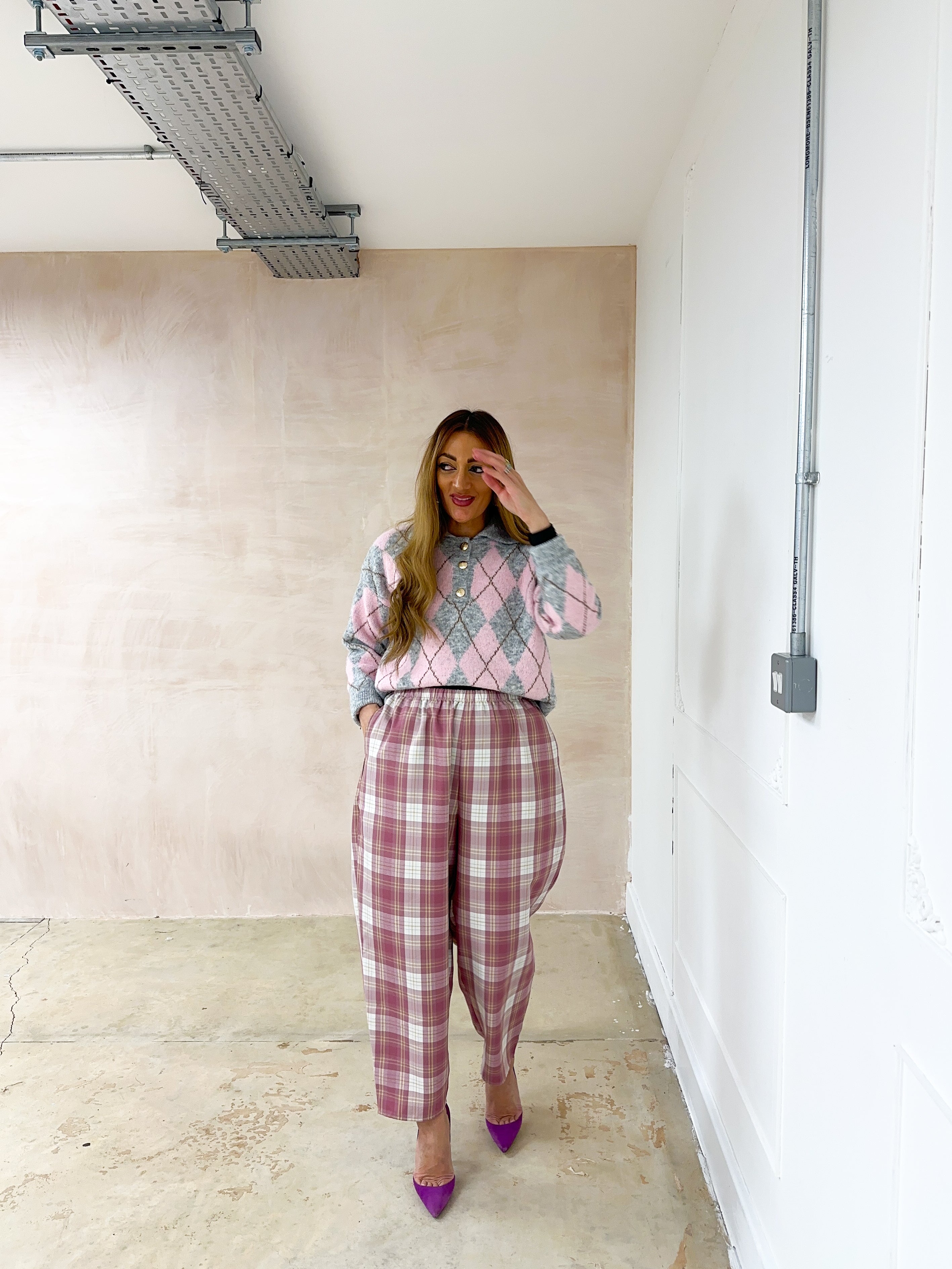 Argyle Polo Style Jumper In Grey/Pink