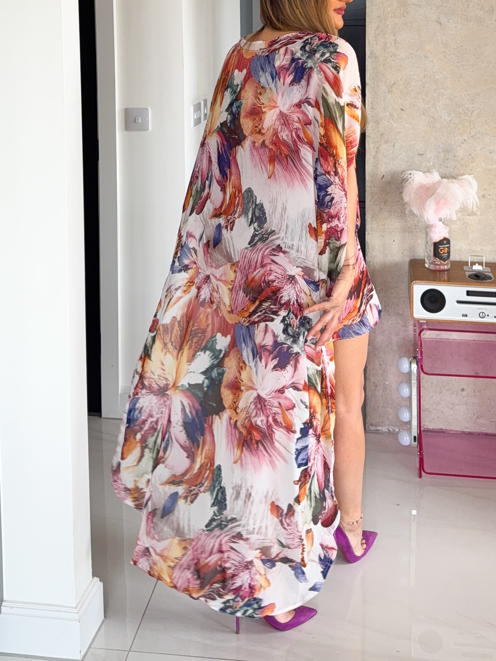 The Flora Chiffon Cape Dress In Floral Print