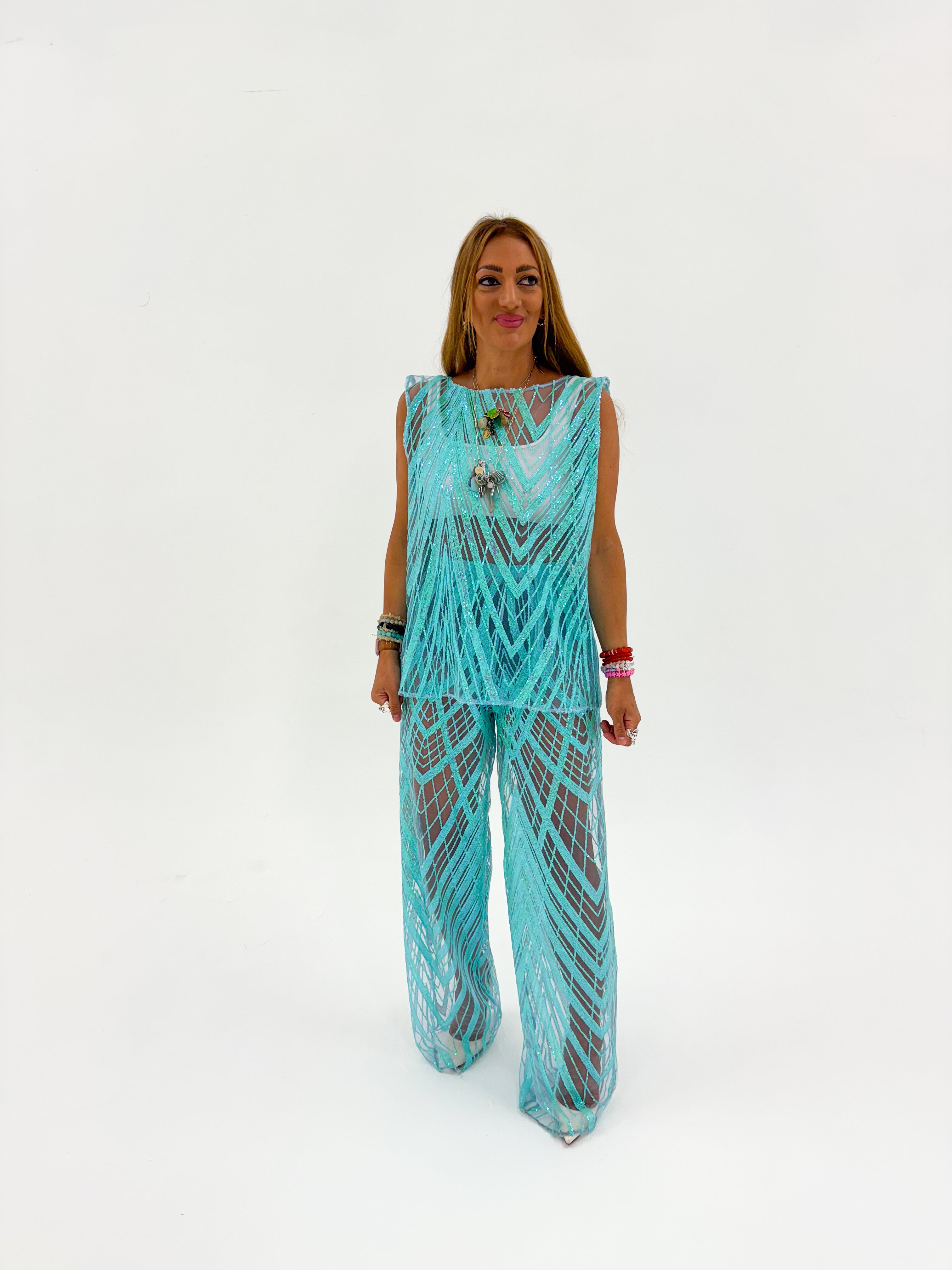Solaris Vega Sequin Trousers In Baby Blue
