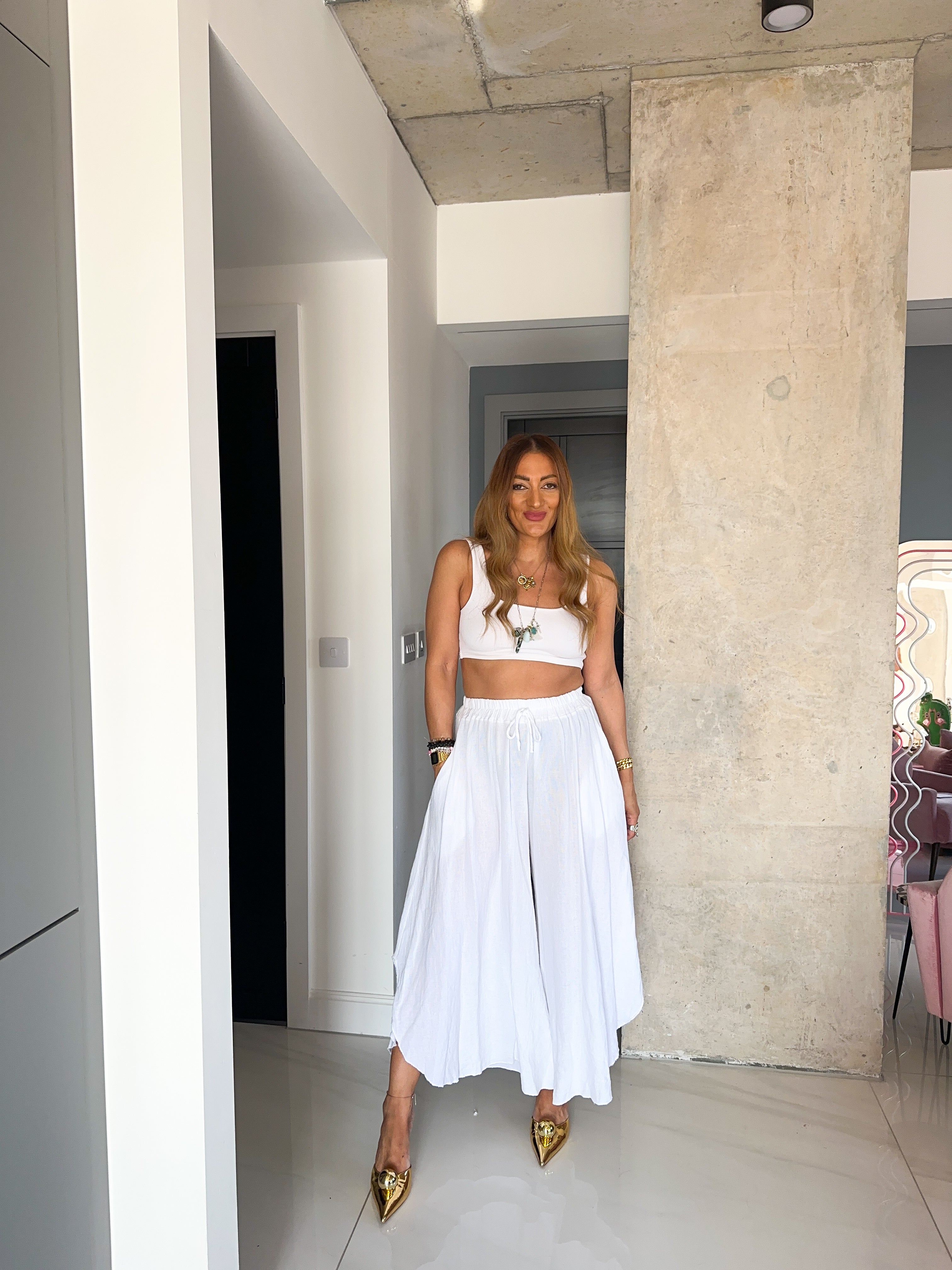 Wide Leg Floaty Trousers In White