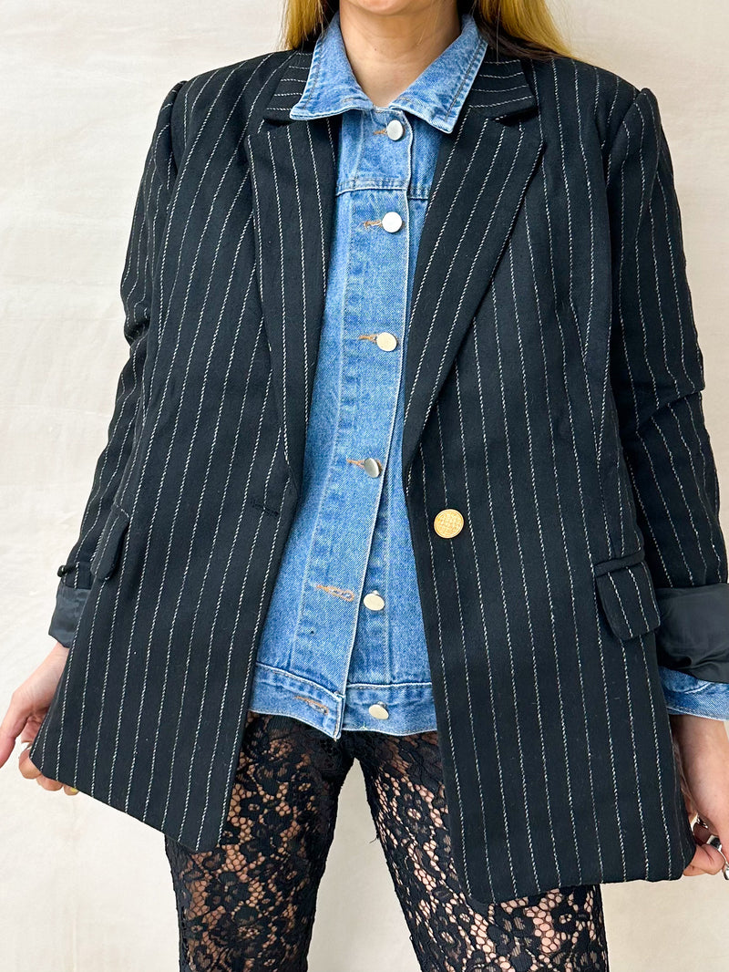 Pinstripe Blazer Coat In Black