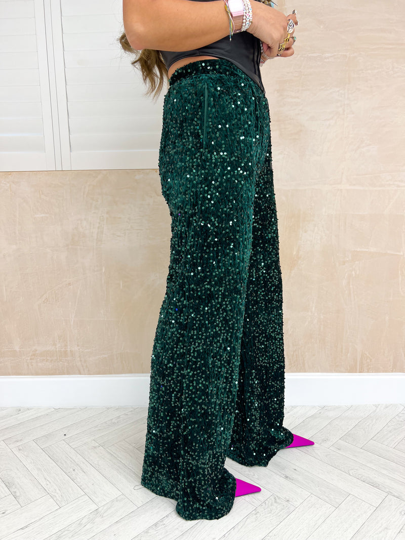High Waisted Wide Leg Sequin Trousers In Green