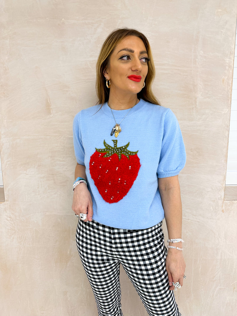 Strawberry Detail Short Sleeve Jumper In Baby Blue