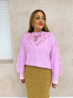 Knitted Lace Detail Frill Jumper In Candy Pink