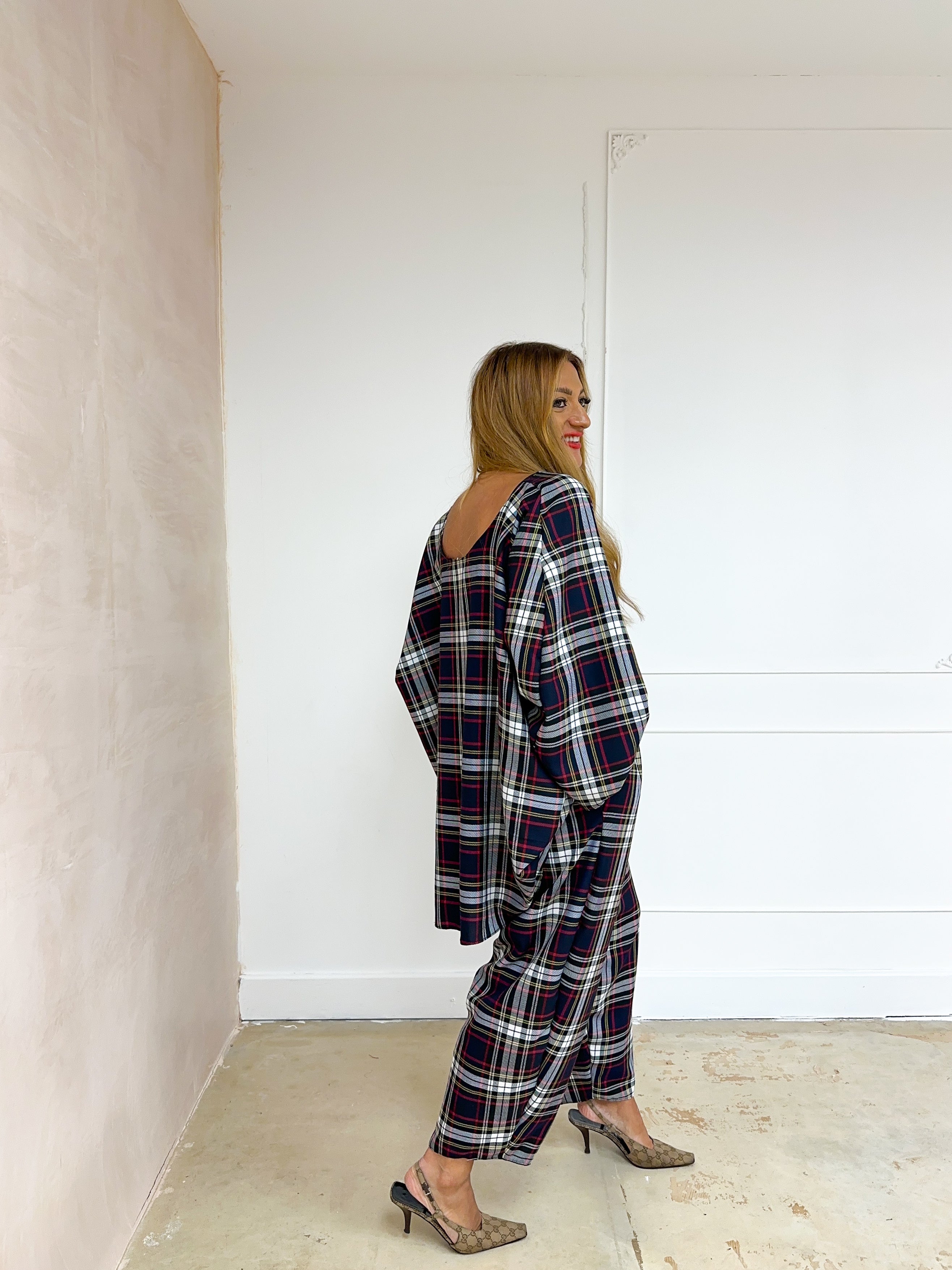 Muse Long Sleeve Floaty Top In Navy Tartan