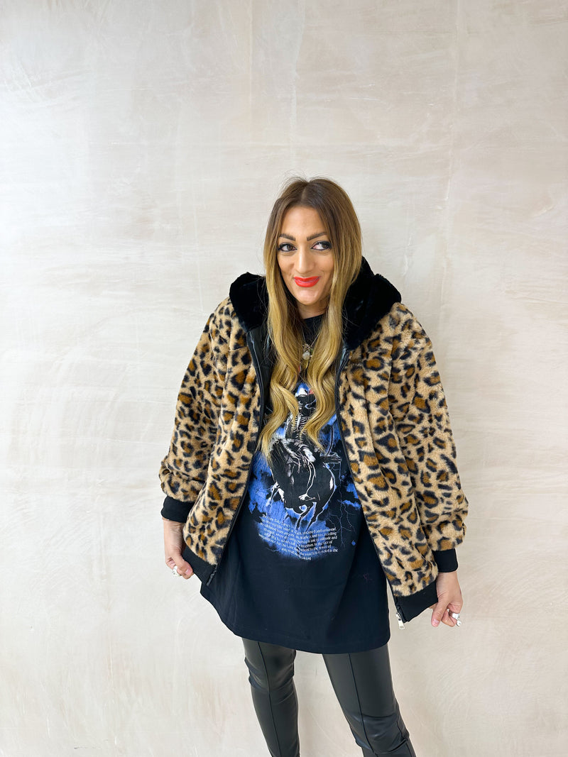 Faux Fur Bomber Jacket In Leopard Print