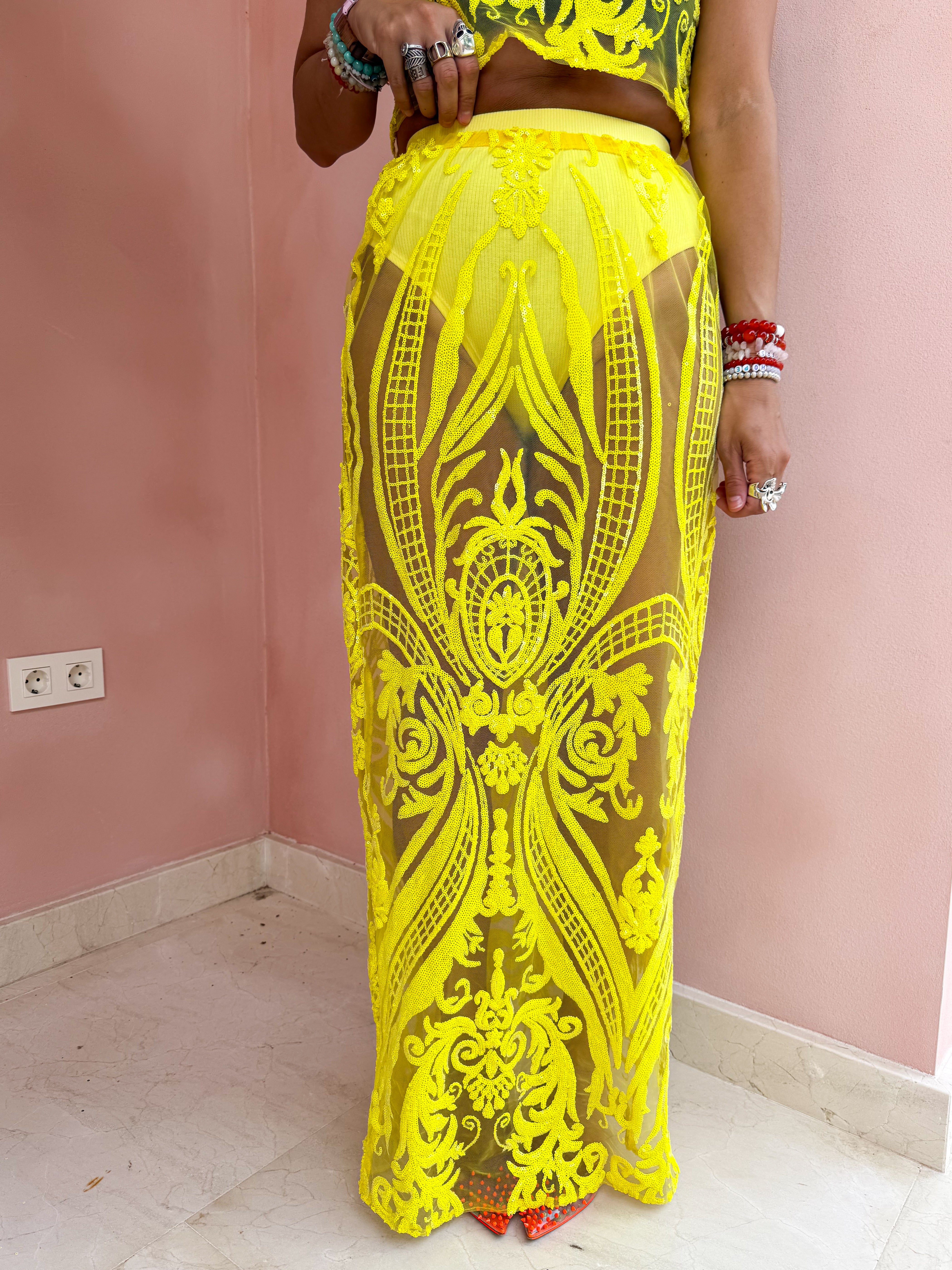 Solaris Supernova Sequin Midi Skirt In Yellow