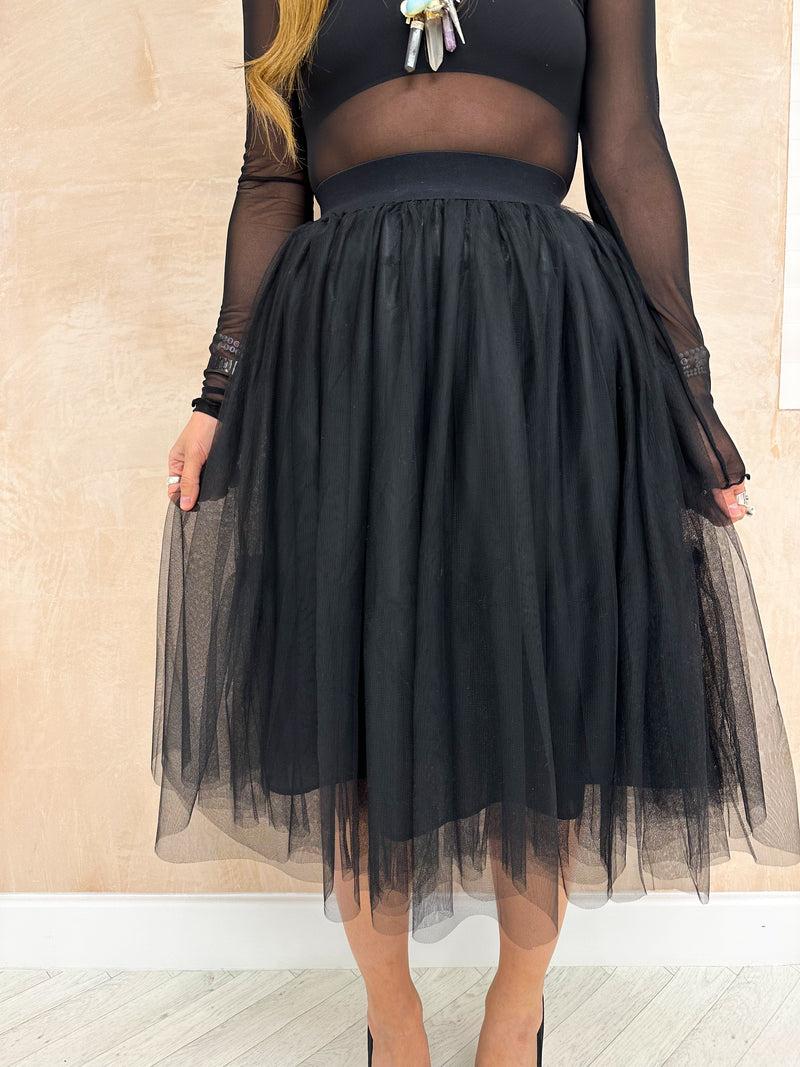 Layered Tulle Tutu Midi Skirt In Black
