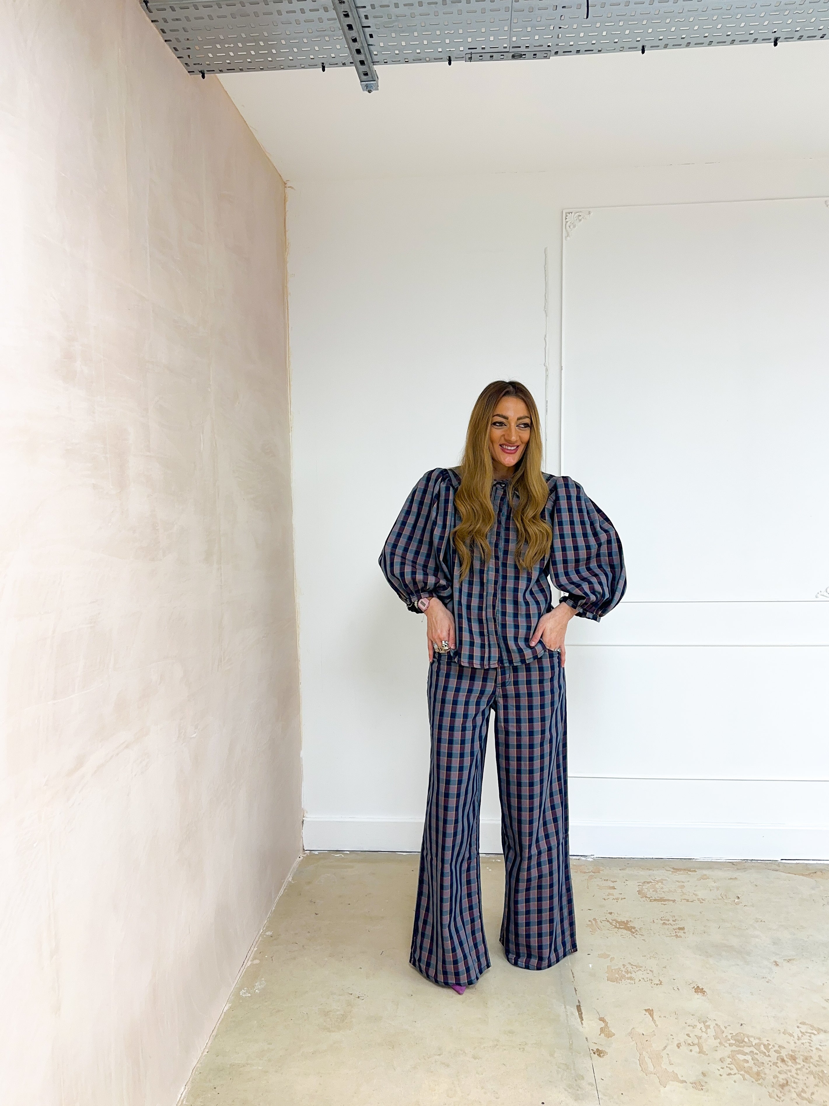 Puff Sleeve Check Shirt In Purple/Navy