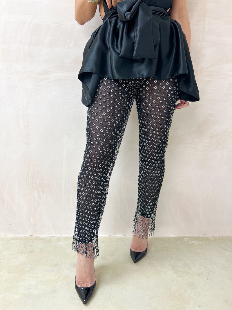 Flower Diamante Rhinestone Leggings In Mesh