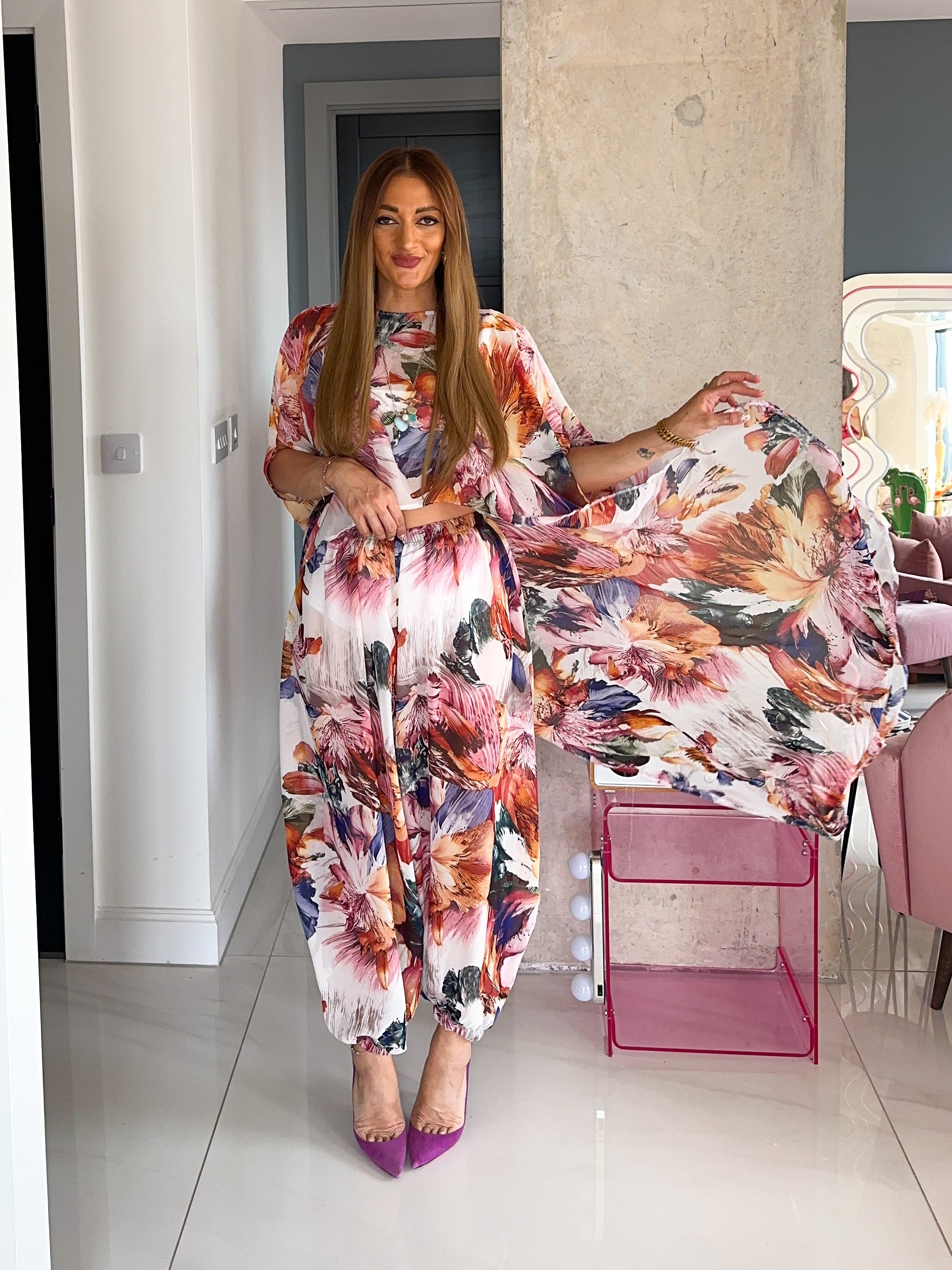 The Flora Chiffon Cape Top In Multi Floral Print