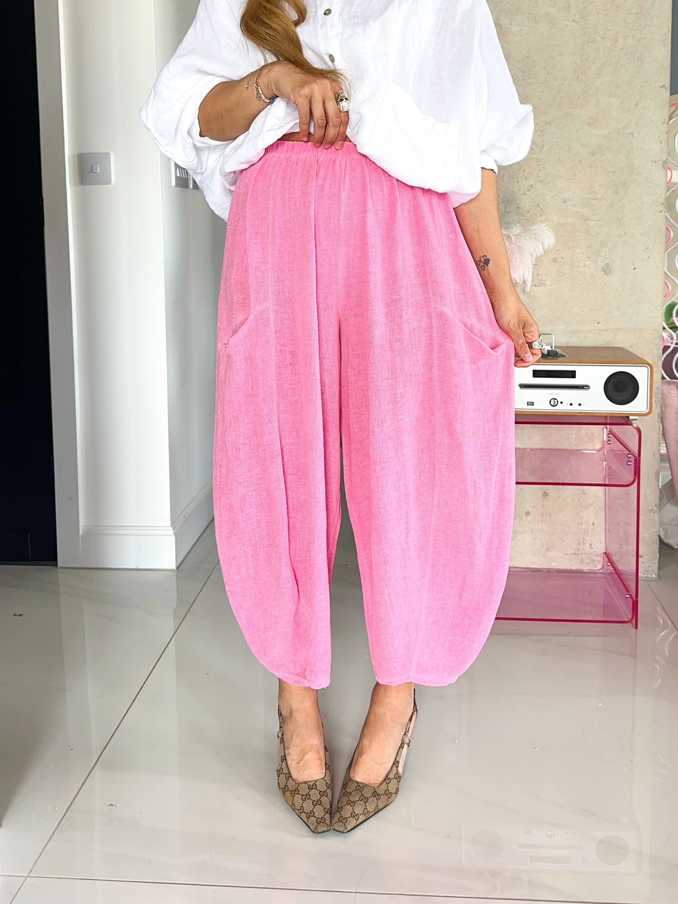 Linen Balloon Style Trousers In Candy Pink