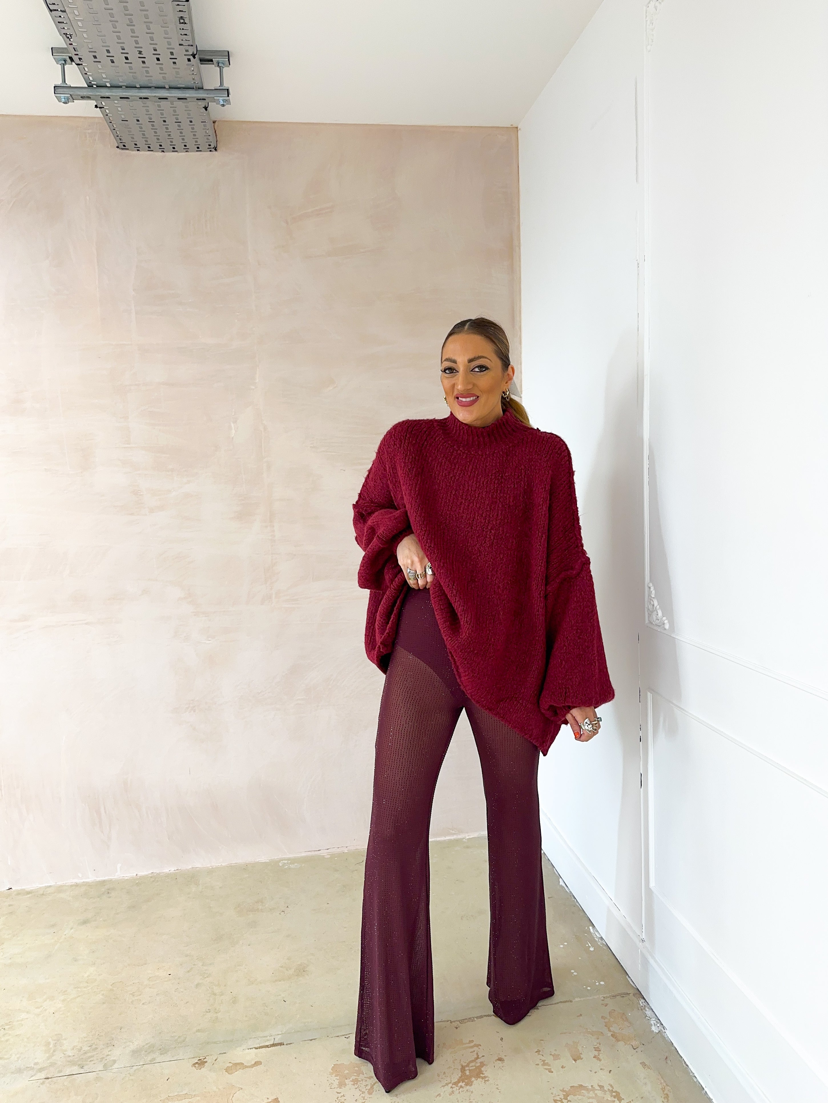 High Waisted Sheer Diamante Flares In Burgundy