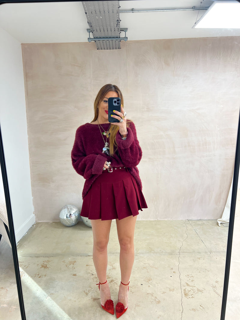 Pleated Mini Skirt/Shorts In Burgundy