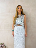 High Waisted Sequin Midi Skirt In  White