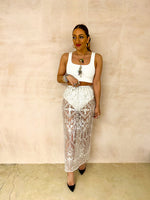 Midnight Sequin Mesh Midi Skirt In White