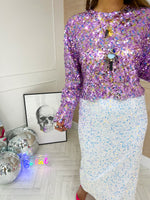 Long Sleeve Floaty Sequin Top In Lilac Mix