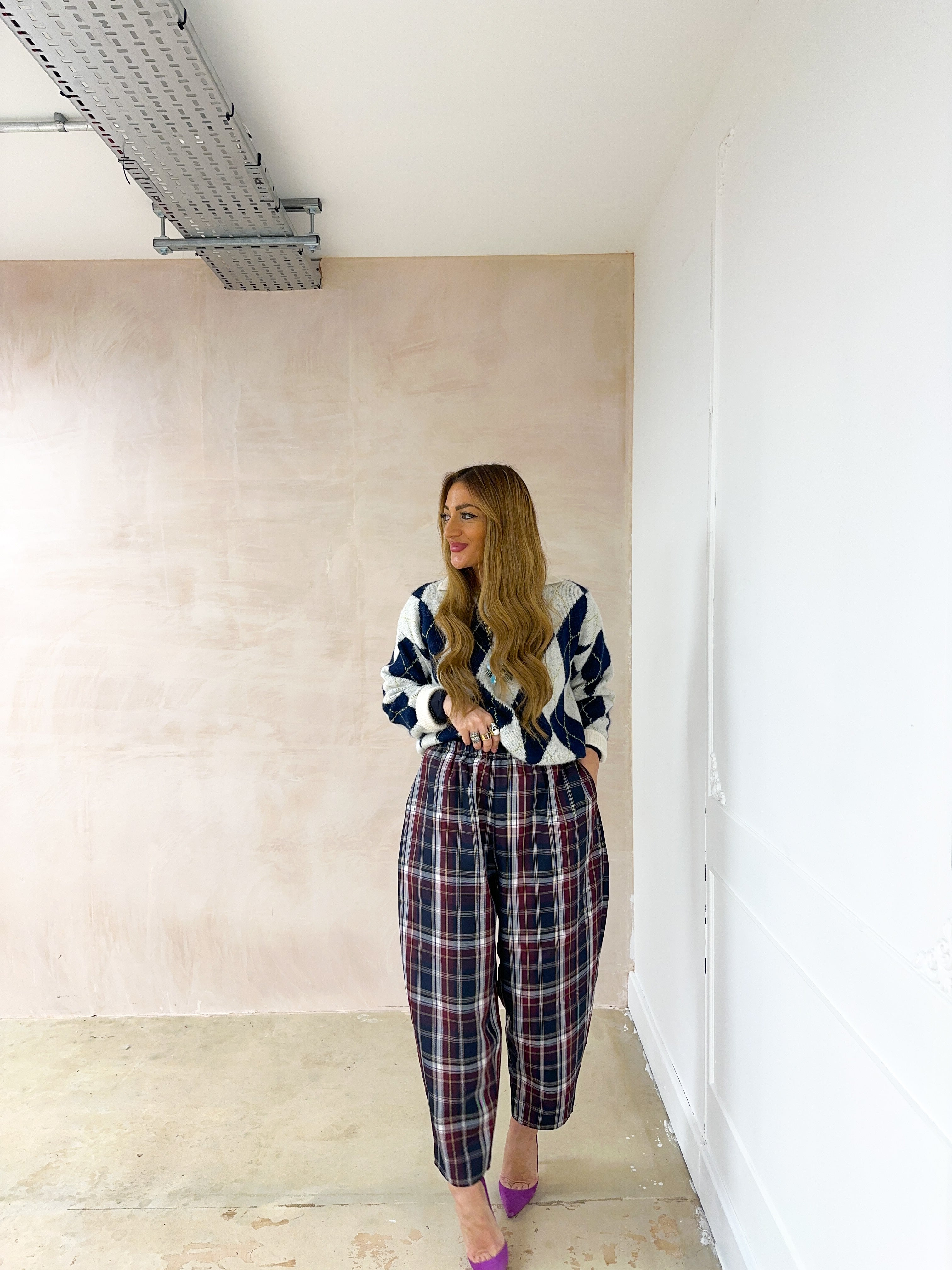 Argyle Polo Style Jumper In Cream/Navy