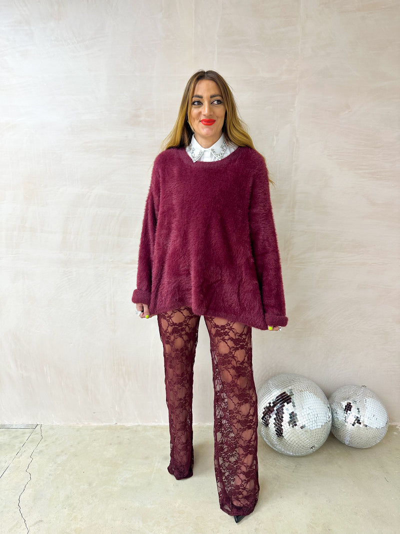 High Waisted Straight Leg Lace Trousers In Burgundy