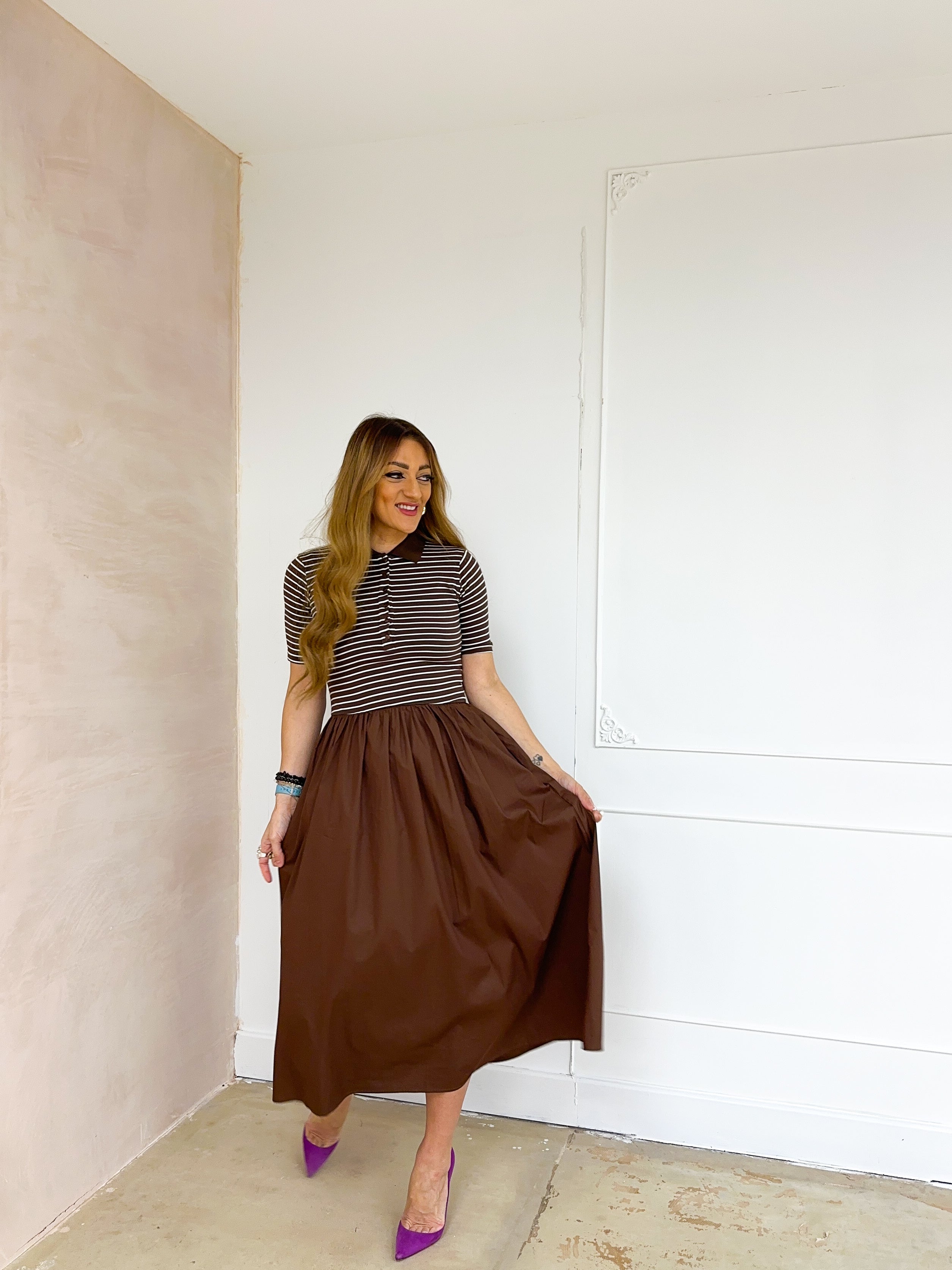 T-Shirt Style Midi Dress In Brown Stripe