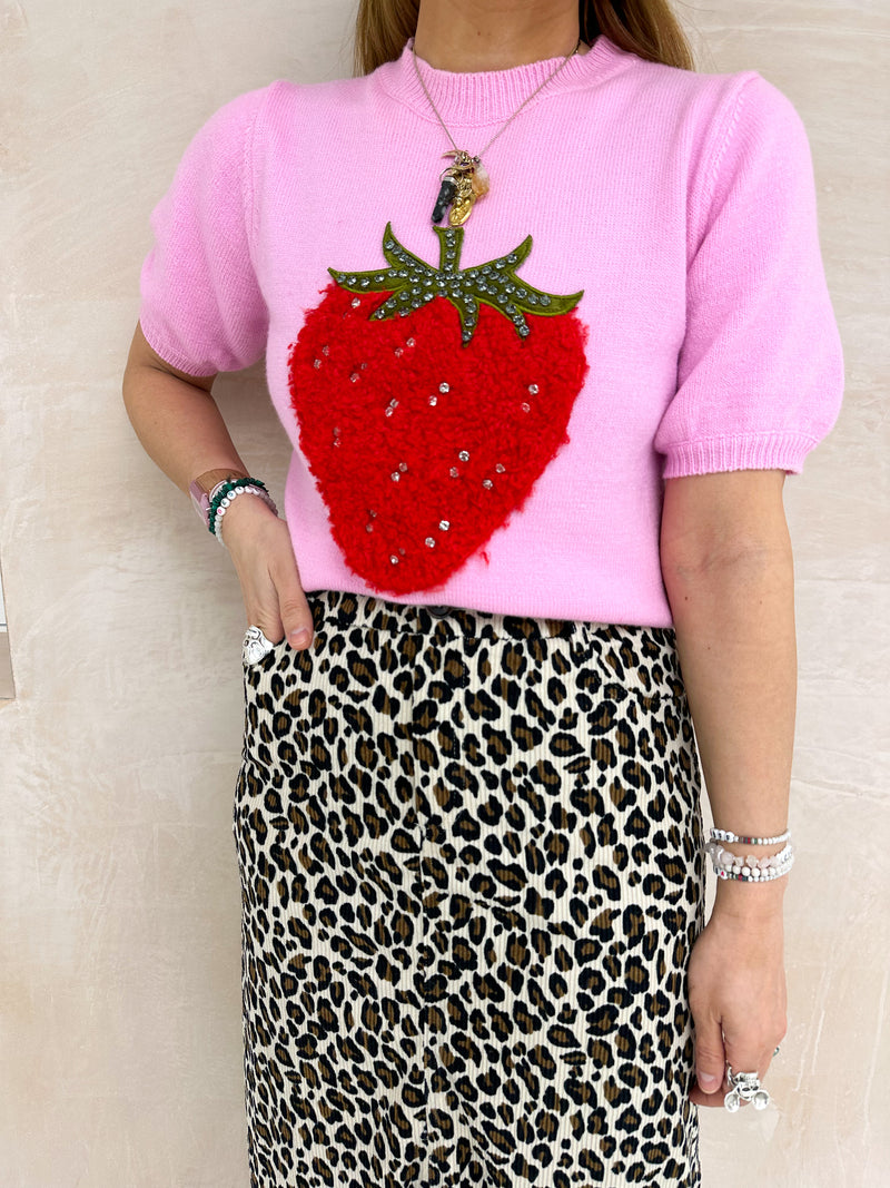 Strawberry Detail Short Sleeve Jumper In Baby Pink