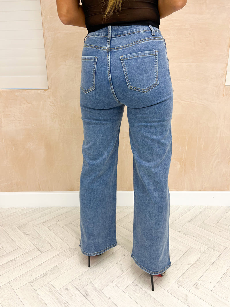 Scattered Diamante Detail Jeans In Blue Wash