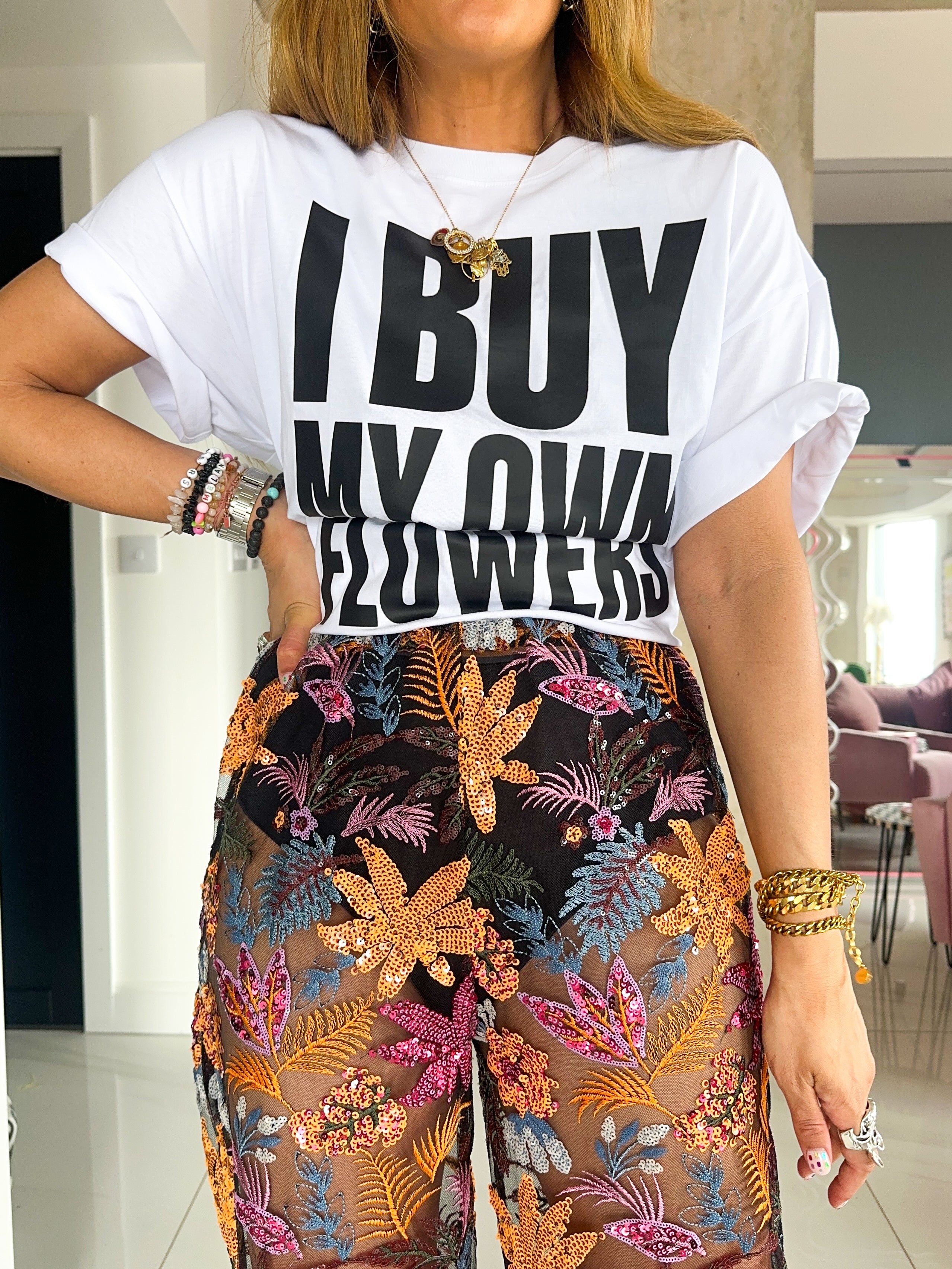 'Flowers' Slogan T-Shirt In White