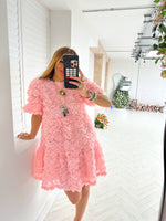 Rose Applique Puff Sleeve Dress In Pink