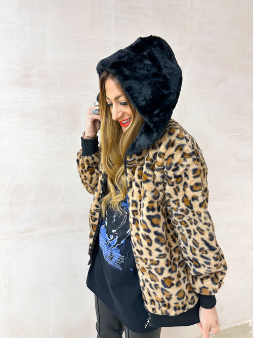 Faux Fur Bomber Jacket In Leopard Print